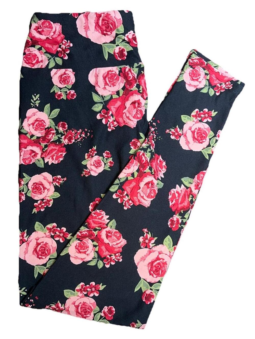 New LuLaRoe Pink Roses Pattern On Black Background Leggings OS Size (2-10)